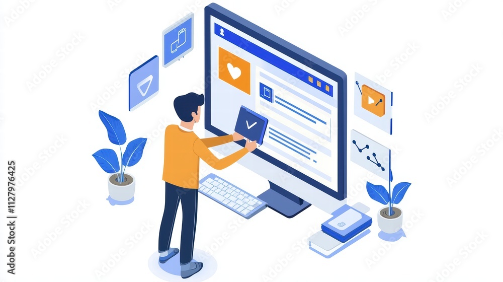 Poster person interacting with computer displaying social media interface