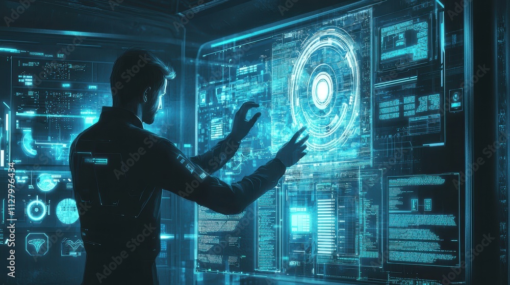 Poster futuristic technology interface with user interacting in virtual space