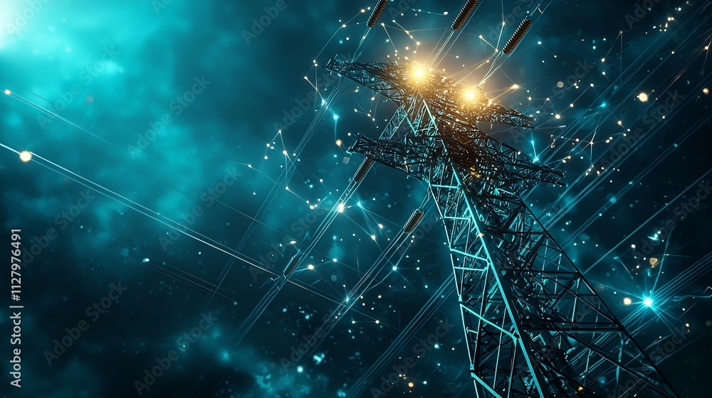 Poster futuristic energy transmission tower seamlessly integrated into a smart power distribution network v