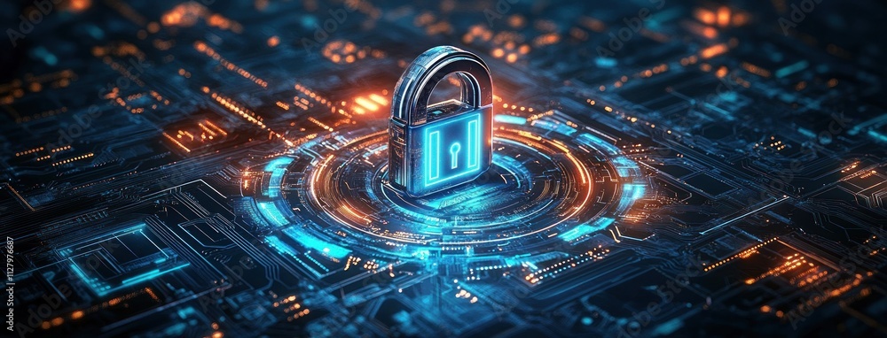 Poster cybersecurity digital lock with circuit board, secure connection, encryption and protection against 