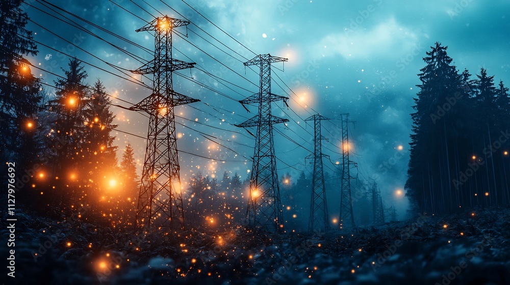 Poster interconnected high voltage power lines running through a dense forest linked to an advanced monitor