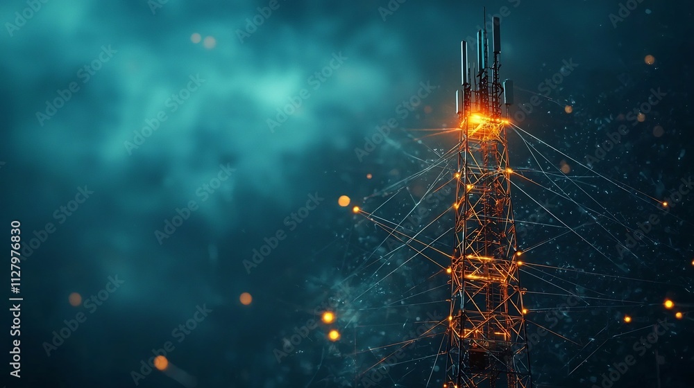 Poster a modern telecommunications tower stands tall in an urban setting its digital infrastructure visuali