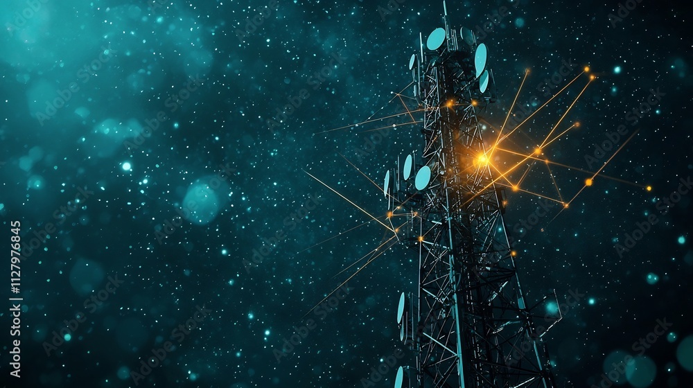 Poster glowing telecoms tower with network lines linking it to other digital infrastructures in a modern ur