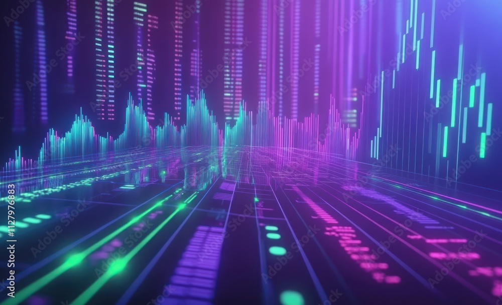 Aufkleber abstract digital landscape with glowing data streams and financial charts.