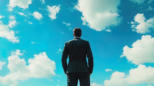 Businessman looking up at a bright blue sky with fluffy white clouds.