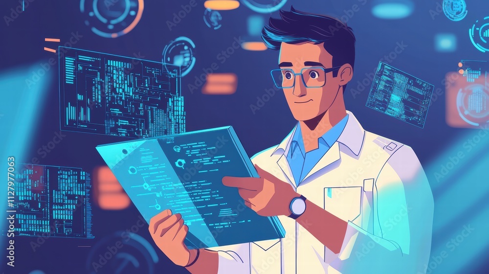 Poster scientist analyzing data with technology background and futuristic interface