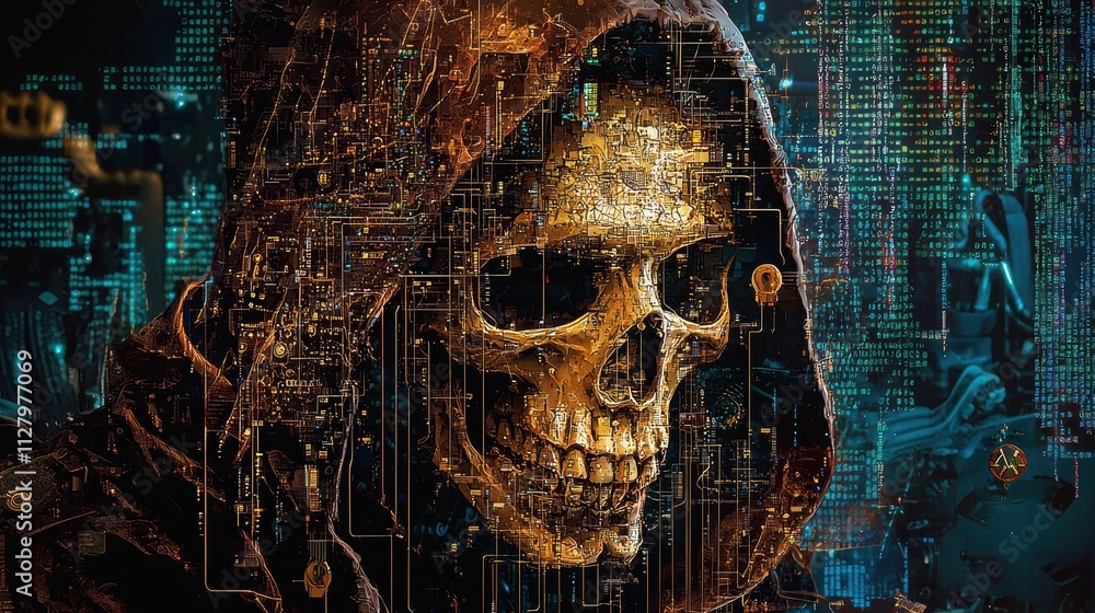 Poster futuristic skull surrounded by technology and digital patterns