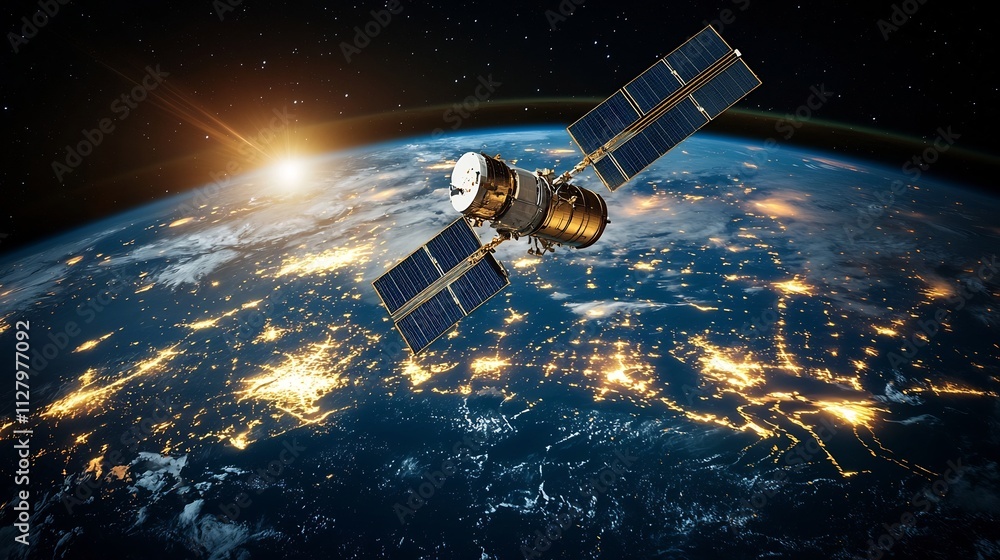 Poster satellite orbiting earth with glowing network paths connecting telecommunication towers on the groun