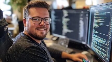 Fototapeta premium Young Male Programmer with Glasses Working at Computer Station