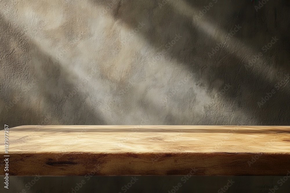 Poster wooden table with textured background and soft lighting.