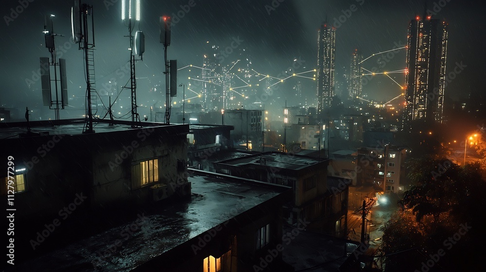 Poster aerial view of an urban area with telecommunication antennas on rooftops interconnected by a glowing