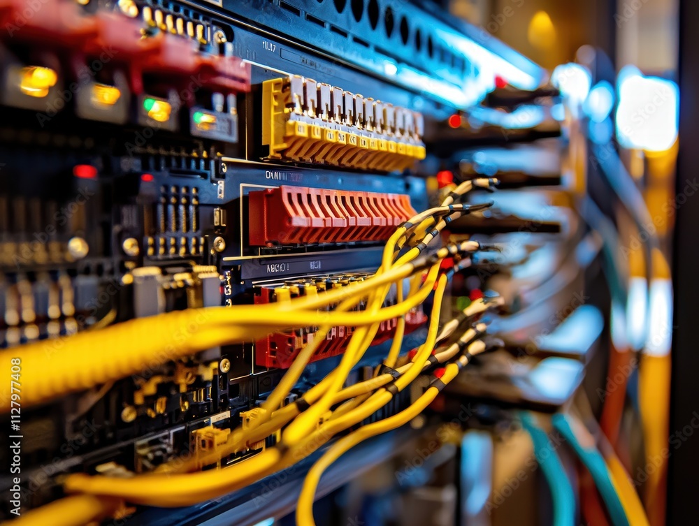 Poster colorful network cables connected to data switch in server room
