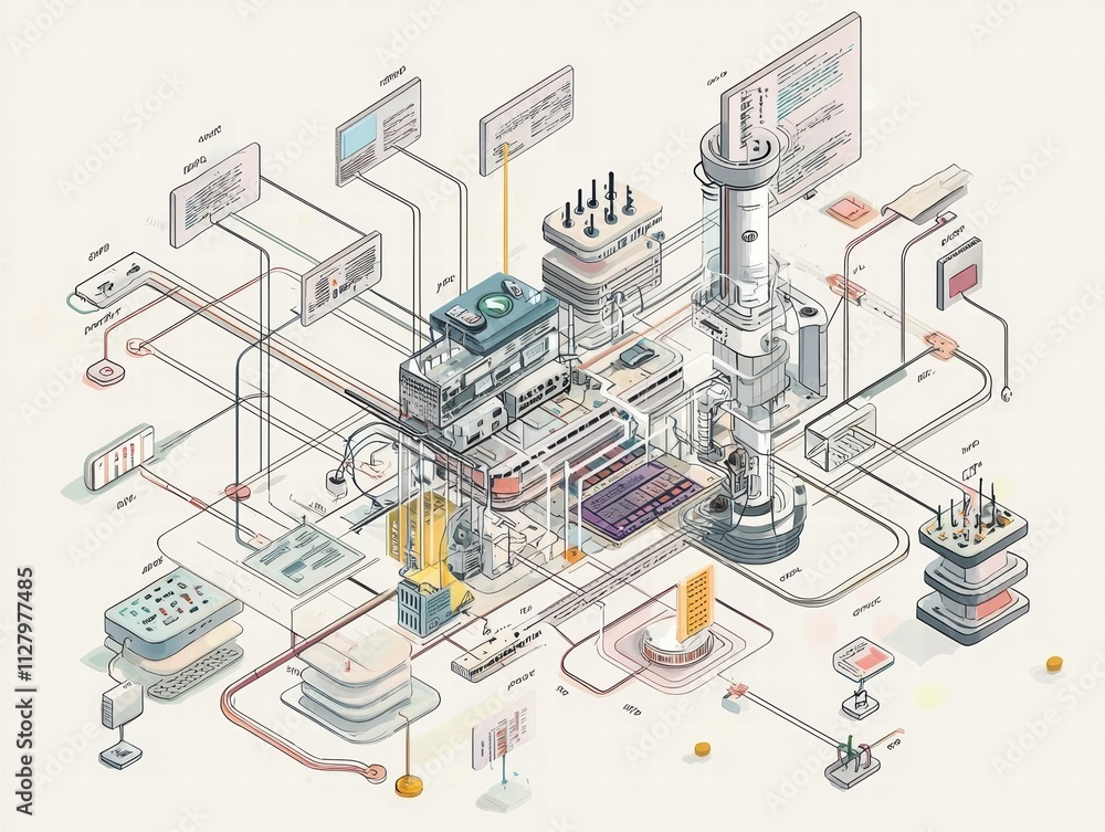 Poster modern technological infrastructure with data processing and analytics