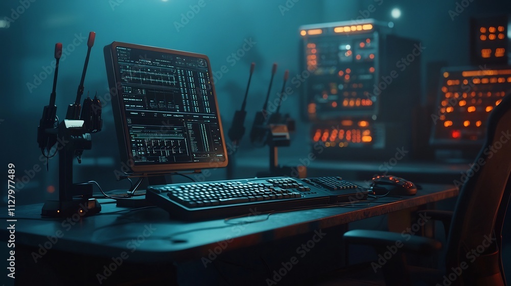 Poster futuristic telecommunications hub with multiple antennas and a control room visualized with holograp