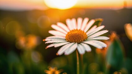 Close-Up of a Beautiful Daisy Flower Embraced by the Soft Light of the Setting Sun