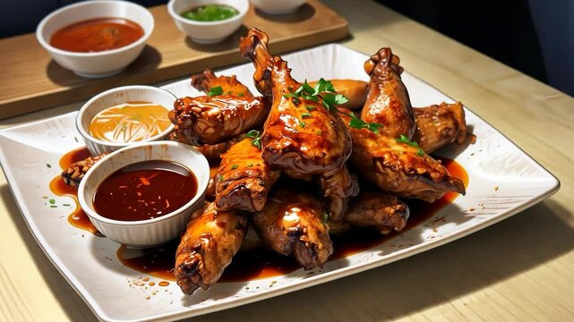 Video footage of plate of crispy chicken wings garnished with herbs, served with various dipping sauces in small bowls, presented on a white rectangular dish on a wooden table