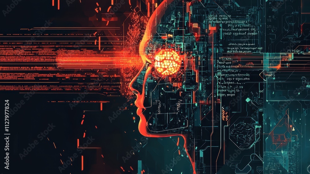Poster futuristic ai interface with digital patterns and human silhouette