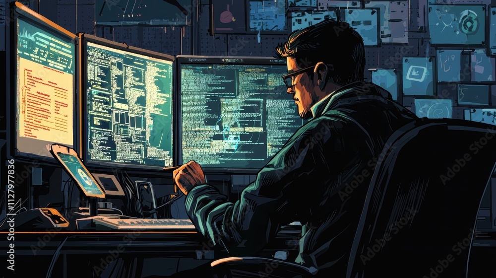 Poster programmer analyzing code in modern tech workspace at night
