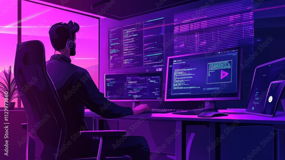 Poster futuristic programmer working in dimly lit coding environment