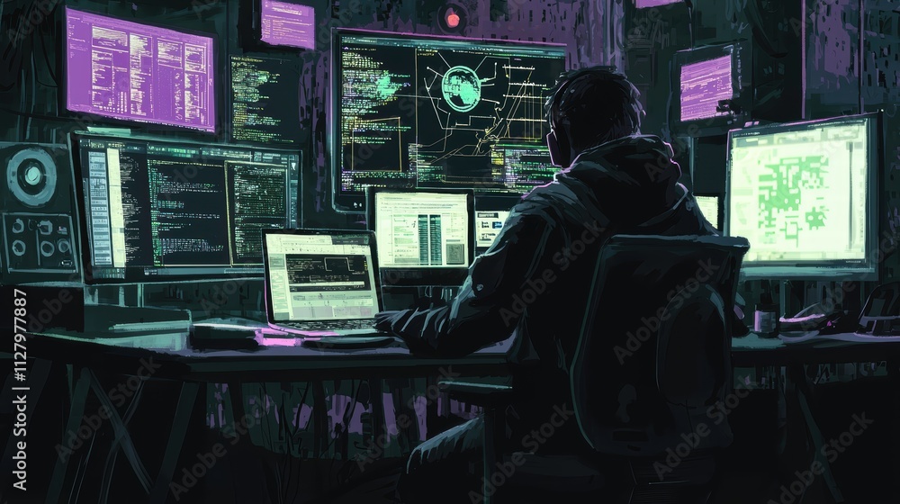 Poster digital hacker working in dark room surrounded by screens and code
