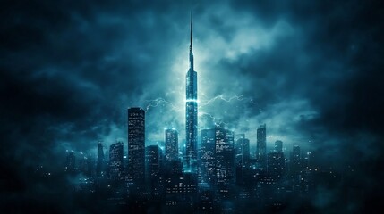 Obraz premium Futuristic smart city skyline at night featuring glowing telecommunication towers as part of a connected network infrastructure leaving ample copyspace at the top right corner