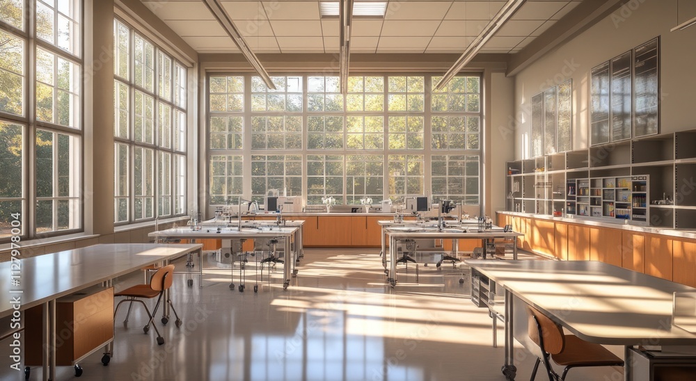 Poster Sunlit modern science lab with workstations and large windows.