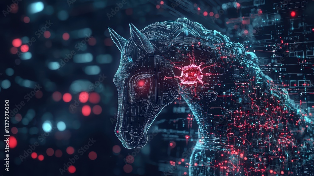 Poster futuristic digital unicorn with neon lights and circuit patterns