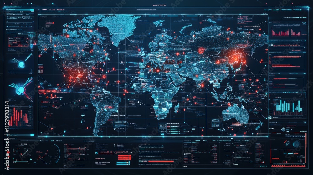 Poster global data visualization with digital map and network connections