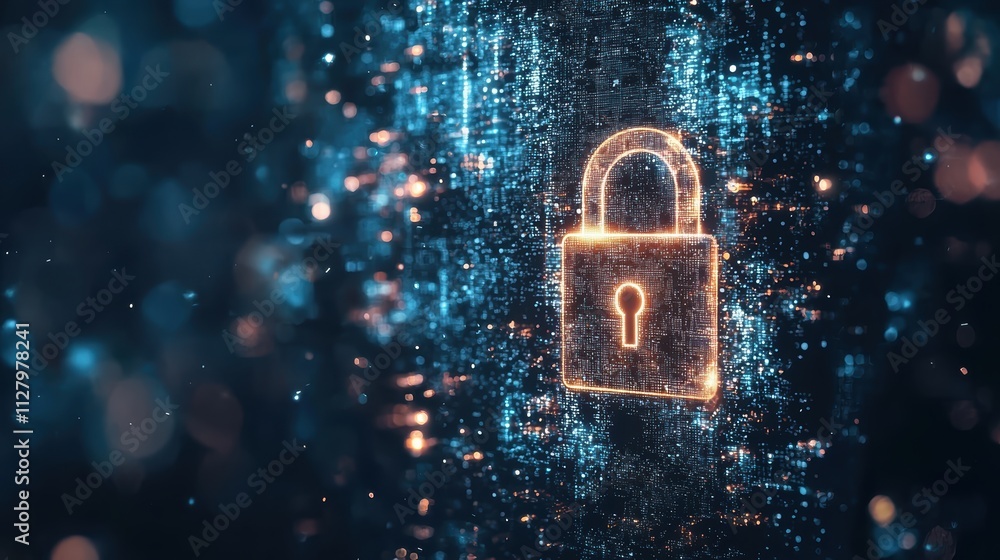 Poster digital lock and data security concept with neon lights and glows