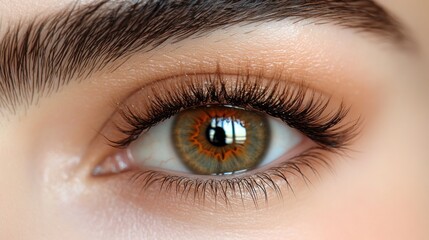 Obraz premium Close-up of a woman's eye with beautiful, long eyelashes and subtle makeup..