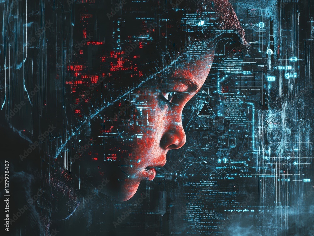 Poster portrait of a child in a hoodie surrounded by digital code elements