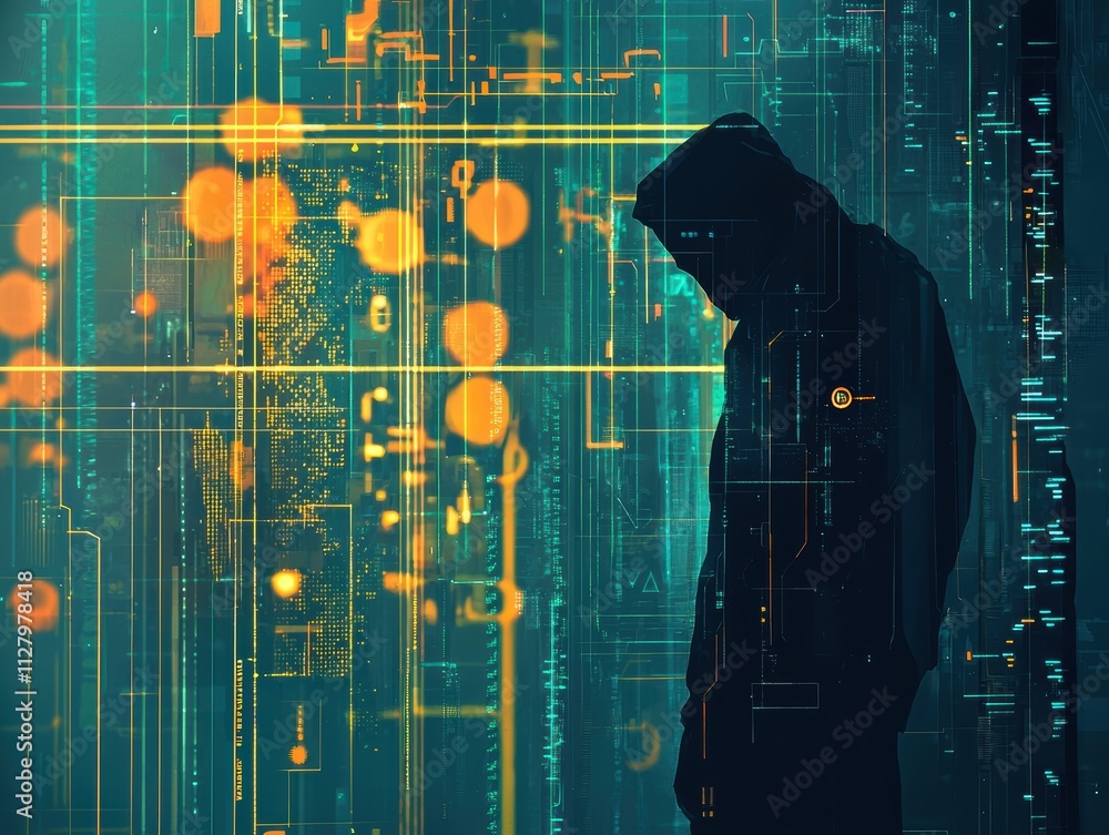 Poster shadowed figure amidst abstract digital background and data patterns