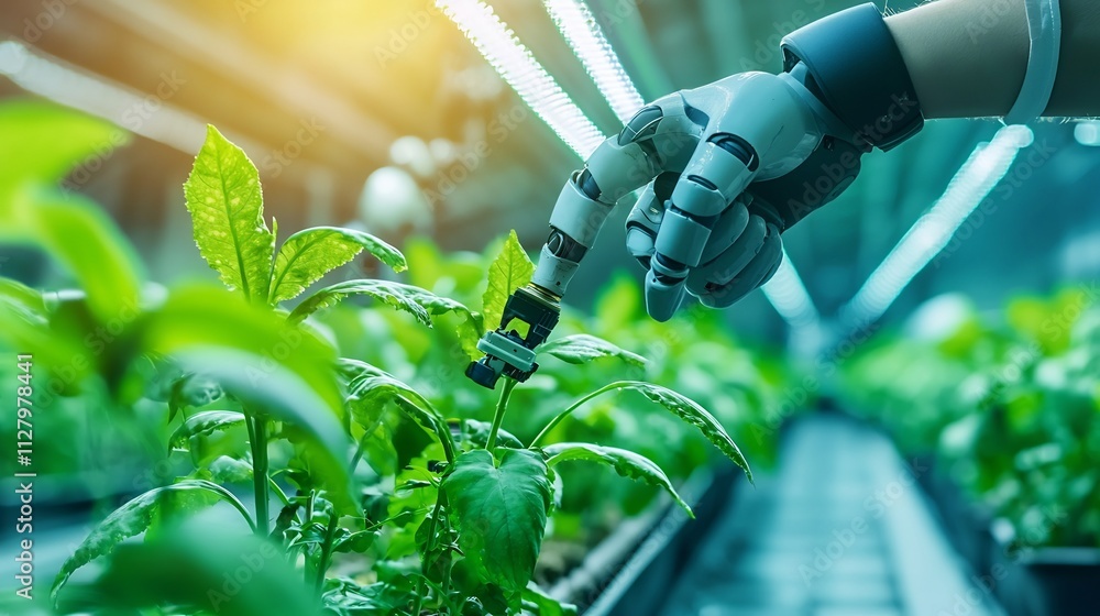 Aufkleber a photograph of autonomous farming robots meticulously tending to crops within a advanced smart gree