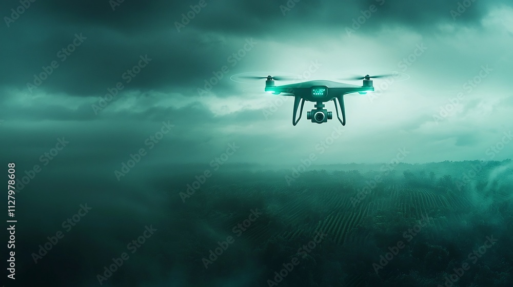 Poster aerial view of a drone hovering over a vast futuristic farmland transmitting valuable data to a conn