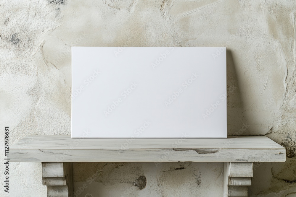 Poster blank canvas on a rustic shelf against a textured wall.