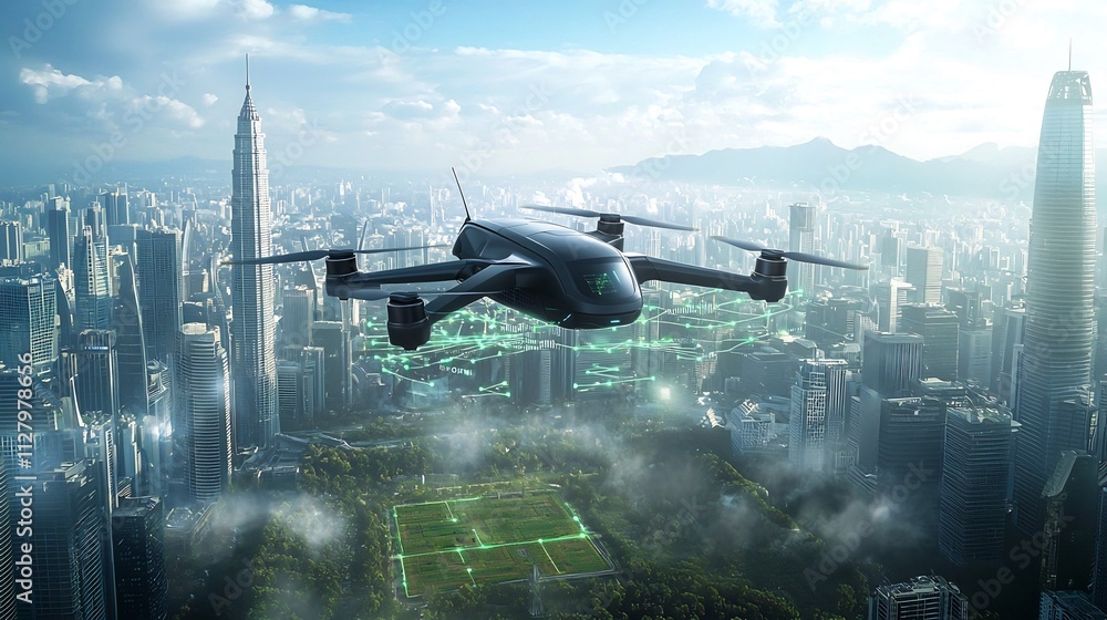 Poster aerial drone hovering over a vast futuristic farmland collecting and transmitting real time data to 