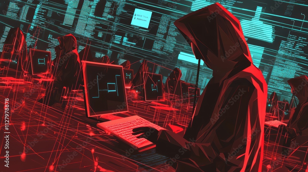 Poster mysterious hooded figures working on computers in digital environment