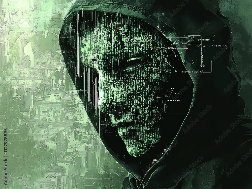 Poster mysterious figure with digital code and matrix elements in green