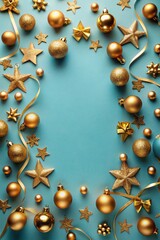 Fototapeta premium Christmas frame border with golden balls, stars, ribbon on blue background, flat lay