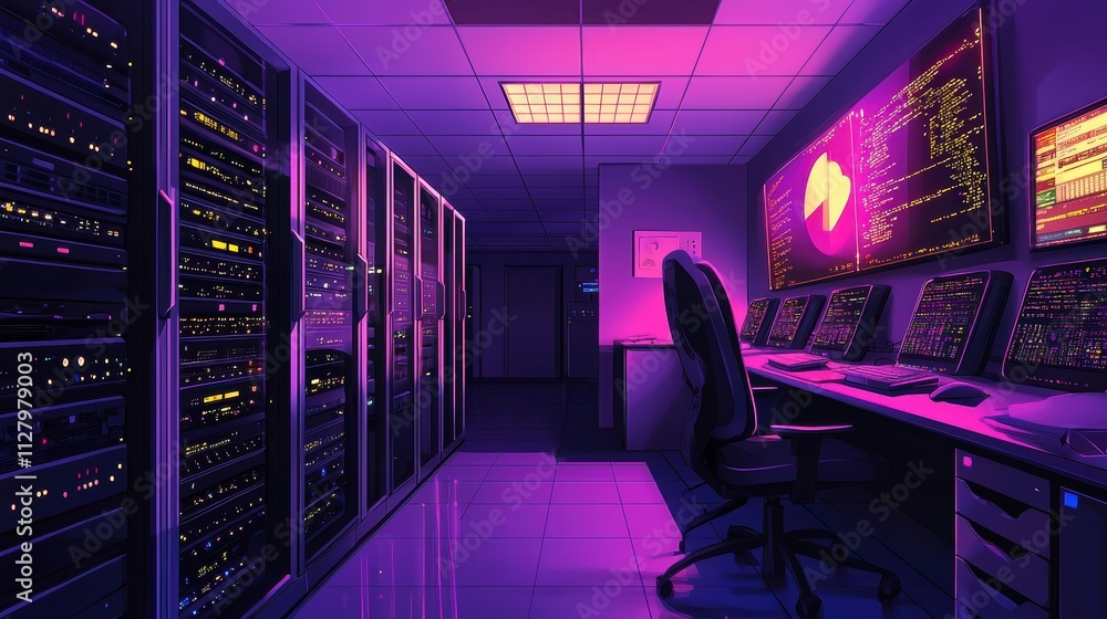 Poster high-tech server room with neon lighting and data visualization