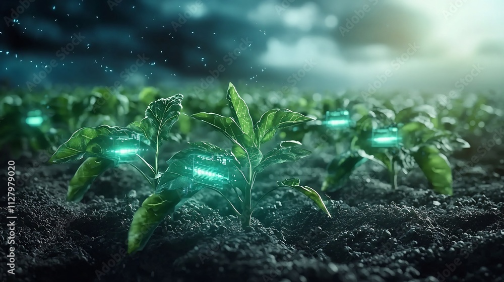 Poster a photograph showcasing futuristic crop sensors installed in an agricultural field transmitting real