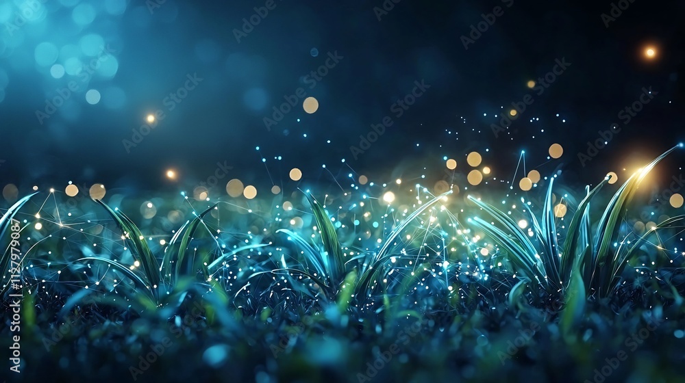 Poster futuristic crop sensors installed in a rural field transmitting agricultural data through a glowing 