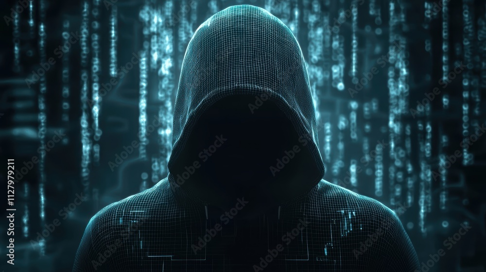 Aufkleber mysterious figure in hood surrounded by digital code background