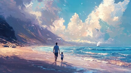 Father and Child Walking Along Scenic Beach Under Cloudy Sky