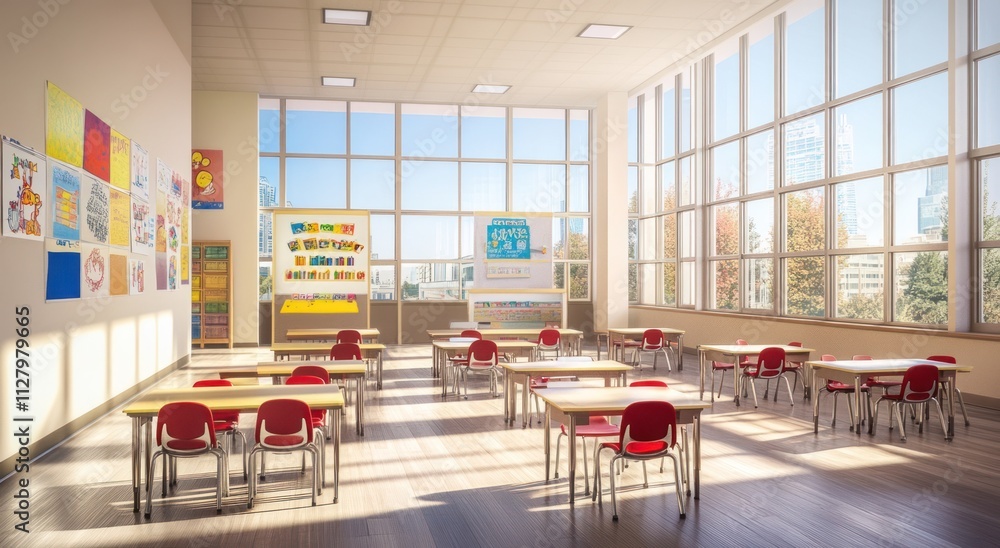 Poster sunlit elementary school classroom with desks and windows.
