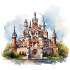A whimsical watercolor painting of a majestic castle with turrets, surrounded by lush greenery and a tranquil water body.