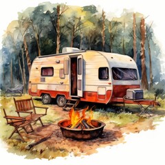 A cozy camper in a forest setting, with a campfire and wooden chairs, evoking a peaceful outdoor getaway.