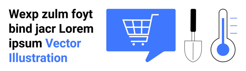 Shopping cart inside a blue speech bubble, garden trowel, thermometer. Ideal for e-commerce, gardening, temperature control, communication, online stores, climate science, and web design. Landing