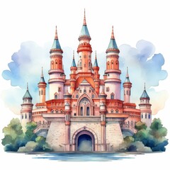 A whimsical and colorful castle with multiple towers, surrounded by trees and water, set against a dreamy sky.