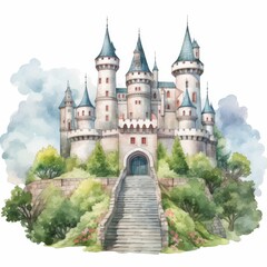 Fototapeta premium A whimsical watercolor illustration of a fairy-tale castle, complete with towers, surrounded by lush greenery and a serene atmosphere.